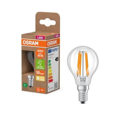 Abbildung von Osram Energy Class LED Lampe in klassischer Miniballform, 3.8 W / 806 lm, EEK A, warmweißes Licht (2700 K), CRI 80, aus klarfarbenem bleifreiem Glas, E14 Sockel, IP20, 45 mm Durchmesser.