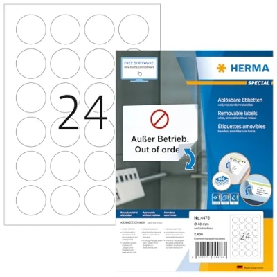 Abbildung von HERMA 4476 Universal Etiketten ablösbar rund, 100 Blatt, Ø 40 mm, 24 pro A4 Bogen, 2400 Stück, selbstklebend, bedruckbar, matt, blanko Papier Klebeetiketten Aufkleber, weiß