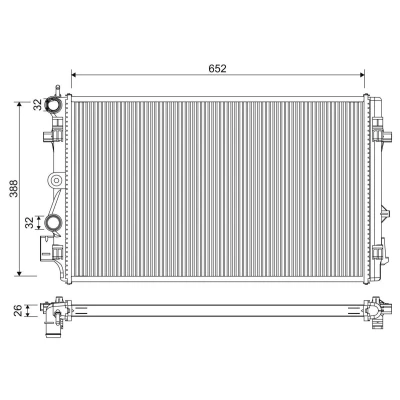 Abbildung von VALEO 701331 Kühler, Motorkühlung Aluminium 652 388 26 ohne Kappe Kühlrippen gelötet SKODA: Fabia 2, SEAT: Ibiza 4, 4 Sportcoupe, ST