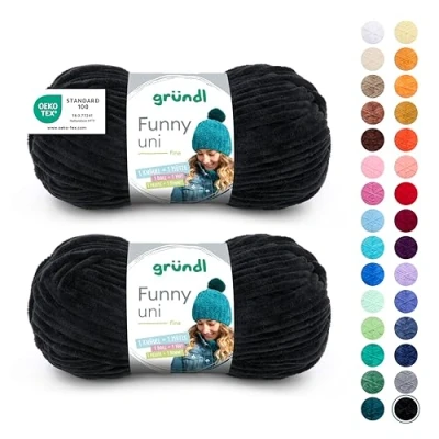 Abbildung von Gründl Wolle Funny uni weiche Chenille zum Häkeln Chenillegarn aus 100% Polyester, 2 Knäuel (100 g/ 120 m, Nadelstärke: 5 6) Schwarz