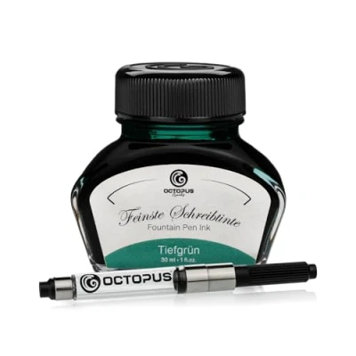 Abbildung von Octopus Fluids Füllhaltertinte im Tintenglas inklusive Konverter, Schreibtinte für Füllhalter, Füllertinte in Tiefgrün 30ml mit Tintenkonverter