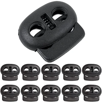 Abbildung von 2 Loch Kordel Stopper, 10 Stück, in Schwarz, bis Ø 4 mm Kordel, Band Klemme für Jacke, Sportkleidung, Rucksack, Gummikordel Schnellverschluss Schnürsenkel, Schnur Rutsche, Tanka Kordelstopper