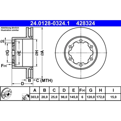 Abbildung von ATE 24.0128 0324.1 Bremsscheibe 303,0 28,0 6 145,0 Belüftet beschichtet legiert/hochgekohlt VOLKSWAGEN: Crafter Van, Minibus