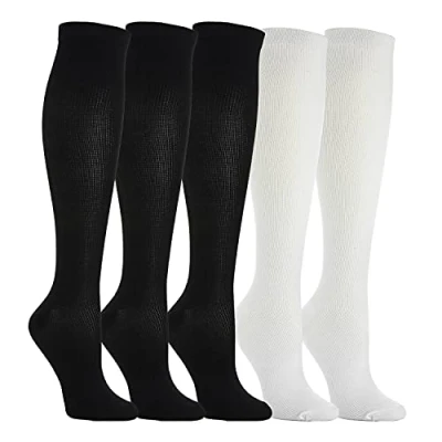 Abbildung von 5 Paar Kompressionsstrümpfe Kniestrümpfe Stützstrümpfe Laufsocken für Damen &amp; Herren, Sport, Laufen, Flug, Reisen, Schwangerschaft, Medizinische Kompressionssocken (3x Schwarz + 2x Weiß, l)