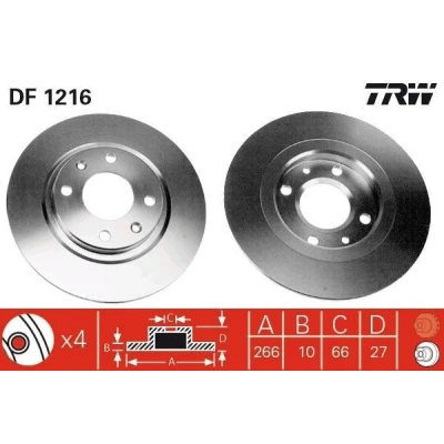 Abbildung von TRW DF1216 Bremsscheibe 266 10 4 108 voll lackiert mit Schrauben PEUGEOT: 405 I Saloon, Estate, CITROËN: BX Hatchback