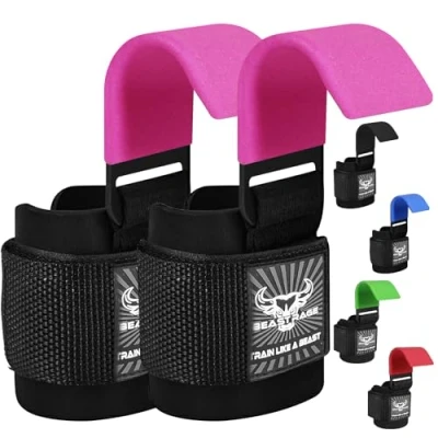 Abbildung von BEAST RAGE Gewichtheberhaken, Handgelenkriemen, dickes Neopren, gepolstert, gummiert, Fitnessbandagen, rutschfest, Kreuzheben, Training, Fitnessstudio, Workout, Herren und Damen (Rosa)