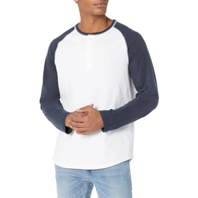 Abbildung von Amazon Essentials Herren Langärmeliges Henley Shirt, Schmale Passform, Marineblau Weiß, L