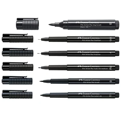 Abbildung von FABER CASTELL 205012 Spitzenset black, mit sechs Tuschestiften Pitt Artist verschiedenen Spitzen und Strichbreiten