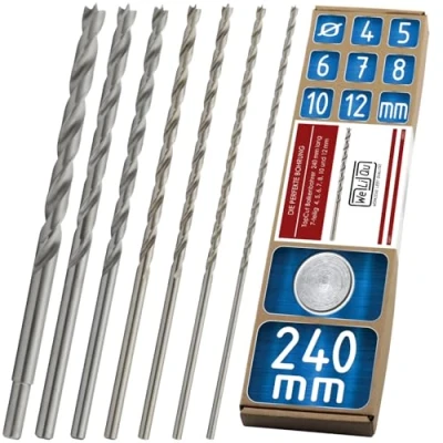 Abbildung von WELIQU Holzbohrer Set 7 teilig, 240 mm lange Balkenbohrer 4,5,6,7,8,10,12 mit TopCut Schliff: Exakt Schnell Sauber, Länger scharfe HSS/HCS Holzspiralbohrer, 24 cm Bohrer für Holz