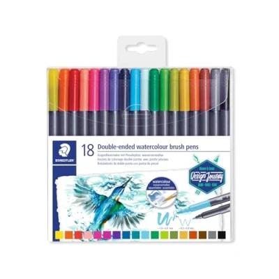 Abbildung von STAEDTLER 3001 TB18 Doppel Fasermaler (feine Spitze und Pinselspitze, für Aquarell Effekte) Klarfaltetui mit 18 brillanten Farben