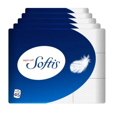 Abbildung von Softis 4 lagiges Toilettenpapier 45 Rollen Packung (5 x 9 Einzelpackungen) 100 Blatt pro Rolle Einzigartiges Softkammer System Recyclebare Verpackung FSC® zertifiziertes Papier