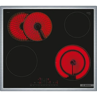 Abbildung von Bosch PKN645FP2E Elektrokochfeld Serie 6, autarkes Glaskeramik Kochfeld 60 cm breit, DirectSelect, Bräterzone, ReStart, Umlaufender Rahmen, PowerBoost, Schwarz