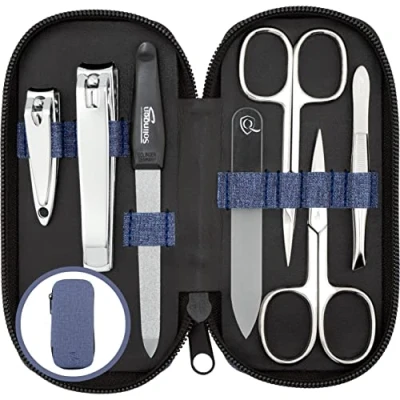 Abbildung von marQus Maniküre Set Damen und Herren Solingen Made in Germany 7 Teile mit patenierter Glasfeile für Hand Fußpflege Kunstleder Etui Jeans Optik