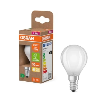 Abbildung von Osram LED Lampe in klassischer Miniballform, mit dekorativem Filament im Frosted Design, Energieeffizienzklasse A, E14, 1.2 W, 255 lm, 2700 K, warmweiß. Ohne Aufwärmen, sofort 100% Licht.