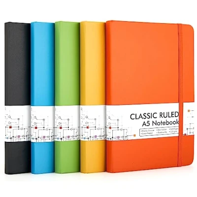 Abbildung von Feela Notizbuch A5 liniert Hardcover, 5 buntes Notizbücher Set, Journal Buch mit Gelstifte schwarz, 120 GSM, 13x21cm, Notizblock Set geeignet für Büro, Schule, Kinder und Erwachsene, Din