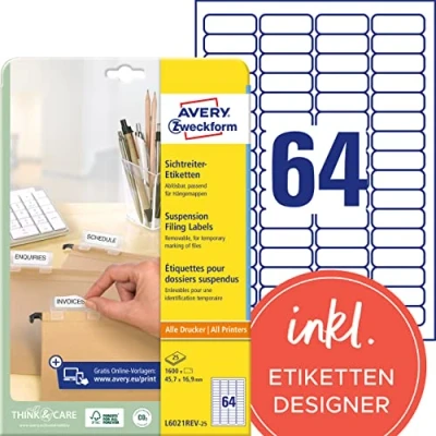 Abbildung von AVERY Zweckform L6021REV 25 Sichtreiteretiketten (1.600 Aufkleber, 45,7x16,9mm auf A4, selbstklebend, bedruckbar, ablösbar, ideal zur Beschriftung der Sichtreiter von Hängemappen) Blatt, weiß