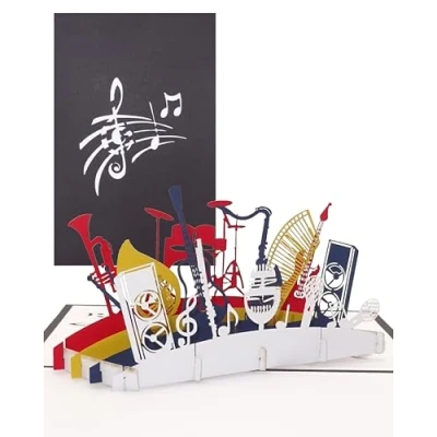 Abbildung von Pop Up Karte Orchester Musikinstrumente 3D Geburtstagskarte, Einladungskarte &amp; Geschenkgutschein Musik Instrument Glückwunschkarte, Geschenkverpackung Einladung zum Konzert