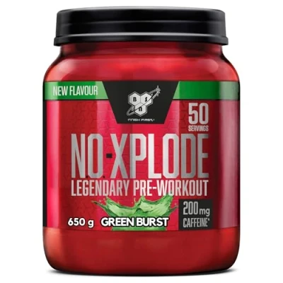Abbildung von BSN Nutrition N.O. Xplode Pre Workout Pulver Nahrungsergänzungsmittel, mehr Energie und Konzentration mit Koffein, Aminosäuren, Vitamin C Zink, Geschmacksrichtung Green Burst, 50 Portionen, 650 g