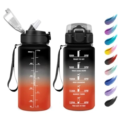 Abbildung von Trinkflasche Kinder 500ml, Wasserflasche Auslaufsicher, Sport mit Strohhalm, Kohlensäure Geeignet, Zeitmarkierungen, Sportflasche für Kinder, Camping, Schule, Yoga