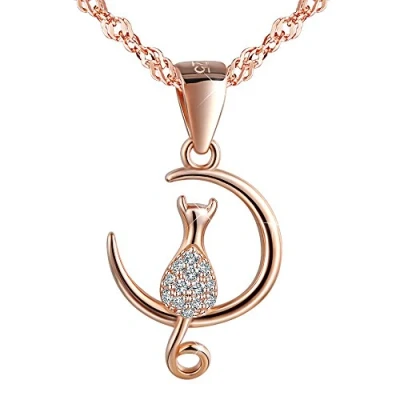 Abbildung von Yumilok Roségold 925 Sterling Silber Zirkonia Anhänger Halskette &quot;Katze auf dem Mond&quot; Kette mit für Damen Mädchen