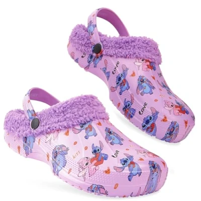 Abbildung von Disney Stitch Clogs für Damen Winter Hausschuhe Fleece Gefüttert in Größe 35 40 mit Anti Rutsch Sohle (Lila, 39 EU)