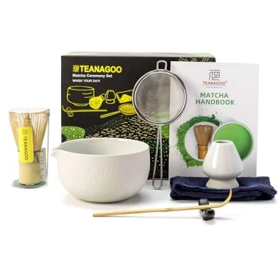 Abbildung von TEANAGOO Japanisches Tee Set (7 teilig), Matcha Schüssel mit Ausgießer, Bambus Schneebesen (Chasen), Schaufel (Chashaku), Schneebesenhalter, Set, N3, Hellgrau