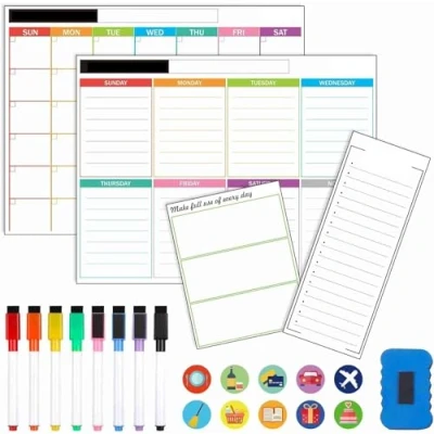 Abbildung von Feela Magnetischer Wochenplaner abwischbar, 4 Stück Whiteborad magnetisch, magnettafel kühlschrank inklusive 2 Monatsplaner abwischbar 43 x 33cm, 1 Einkaufsliste, DIY Notiz, To Do Liste Whiteboard
