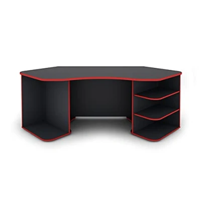 Abbildung von byLIVING Schreibtisch THANATOS/Gaming Tisch in Anthrazit mit Kanten rot/Eck Scheibtisch viel Stauraum und XXL Tischplatte/Computer Tischr/PC/Arbeits / 198x76x85cm (BxHxT)