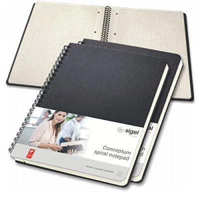 Abbildung von SIGEL CO822/3 Premium Spiralblock A5, kariert, schwarz, 80 Blatt, sehr stabiler Hardcover Einband, 3er Pack, Einsteckfach, aus nachhaltigem Papier, Conceptum