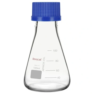 Abbildung von stonylab Erlenmeyer Kolben mit blauem Schraubverschluss, Graduiert, Laborglas, Konischer Kolben, 100 ml
