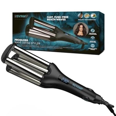 Abbildung von Revamp Progloss Wave Define Styler Professional, Ionen Technologie, Zylinder angereichert mit Super Smooth Keratin, Argan und Kokosöl, kräuselfreies Design für geschmeidige S Wellen