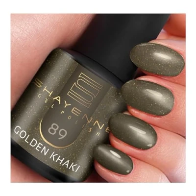 Abbildung von SHAYENNE Shellac Gel Nagellack 15 ml für UV LED Lampe 89 Golden Khaki Gold Schimmer MADE in GERMANY Nail Polish for Lamp Nagel Lack Gellack Nagelgel
