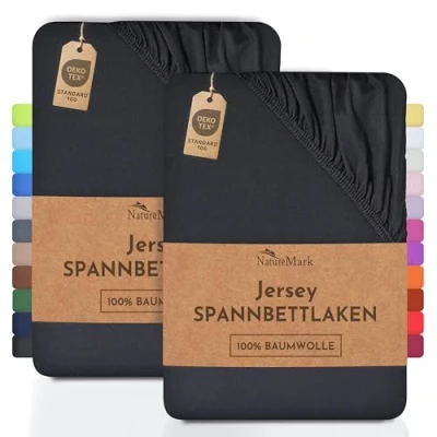 Abbildung von NatureMark 2er Pack Kinder Jersey Spannbettlaken, Spannbetttuch 100% Baumwolle in vielen Größen und Farben MARKENQUALITÄT ÖKOTEX Standard 100 70x140 cm schwarz