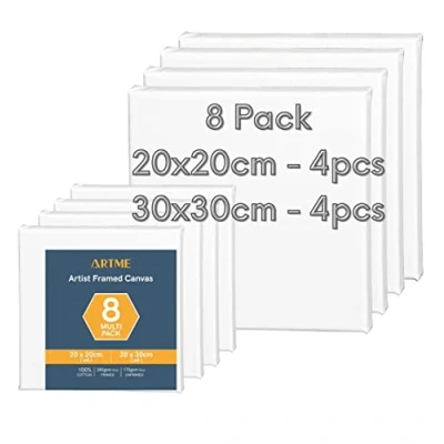 Abbildung von Artme Keilrahmen 8 STK (20x20CM 4pk, 30x30CM 4pk) Künstler gerahmte 1,7 cm/ 280GSM / 100% Baumwolle/dreifach grundiert/säurefrei/mittelkörnig Acryl/Öl