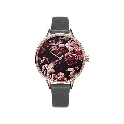 Abbildung von VICTORIA HYDE Damen Uhr Blumenmuster Zifferblatt Analoges Quarzwerk Leder Armband