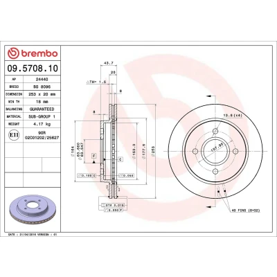 Abbildung von BREMBO 09.5708.10 Bremsscheibe 253 20 4 innenbelüftet FORD: MONDEO 2, 2 Kombi