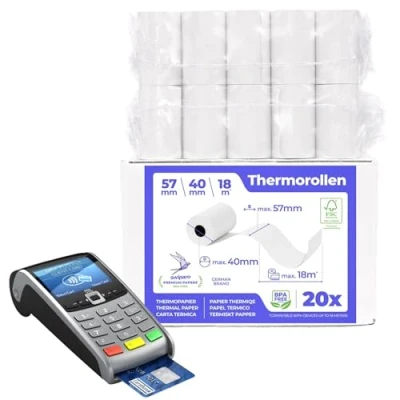 Abbildung von SWIPARO Ec Cash Thermorollen 57mm x 18m 12mm Kassenrollen Thermopapier Bonrollen für Bankomat Kredit Kartenlesegeräte 57x40x12 (20 Stk.)
