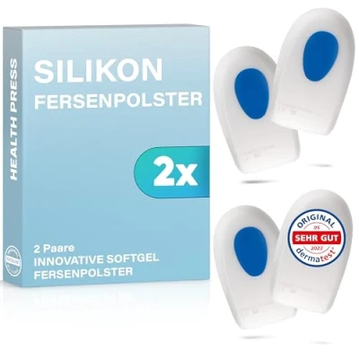 Abbildung von Health Press® Silikon Fersenpolster 2 Paare (4 Stück) Fersenkissen, Größe M Geleinlagen für die Ferse Soft Gel Schuhpads Premium Ferseneinlagen