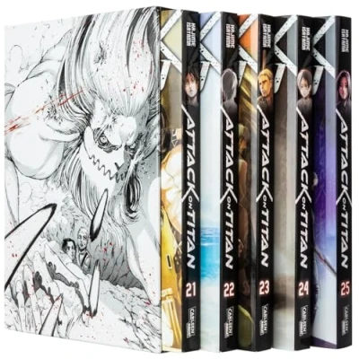 Abbildung von Attack on Titan, Bände 21 25 im Sammelschuber mit Extra: Fantasy Action Manga ab 16 Jahren über den Kampf gegen menschenfressende Titanen
