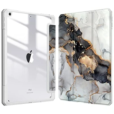 Abbildung von Fintie Hybrid Hülle für 10.2 Zoll iPad 9. Generation 2021/8. Gen 2020/7. 2019 mit Stifthalter Stoßfeste Schutzhülle transparenter Hartschale auf der Rückseite, Trüber Marmor
