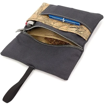 Abbildung von SIMARU Tabaktasche/Tabakbeutel aus Stoff &amp; Kork, Drehtabak Tasche mit Feuerzeug , Filter und Blättchen Tasche, Drehertasche für Herren Damen (anthrazit/raizes (außen Kork))