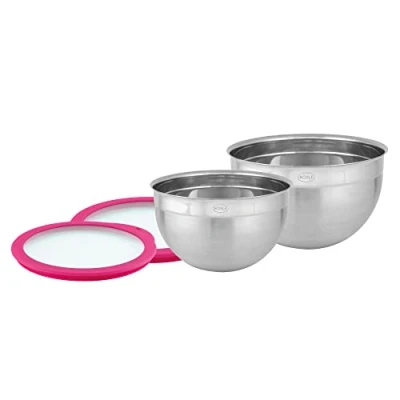 Abbildung von RÖSLE Schüssel Set 2 tlg Frischhaltedeckel (Ø 20 und 24 cm), Pink Charity Edition, Hochwertige Schüsseln aus Edelstahl zur Zubereitung Aufbewahrung von Speisen, spülmaschinengeeignet
