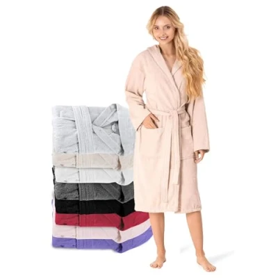 Abbildung von Bademantel Damen 100% Baumwolle (350g/m²) Oeko TEX® Zertifiziert Morgenmantel mit Kapuze, 2 Taschen, Gürtel Beige L