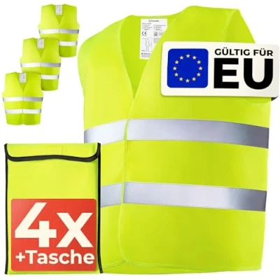 Abbildung von 4 Warnwesten Auto Set mit Tasche Geprüfte EN ISO 20471, Europaweit gültig Ideal für Auto, BAU Universalgröße Gelb