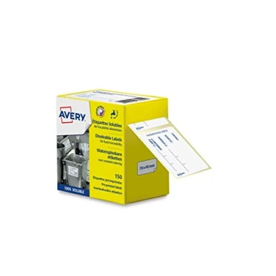 Abbildung von AVERY Rolle mit 150 wasserlöslichen Etiketten zur Rückverfolgbarkeit von Lebensmitteln, vorgedruckt, für Restaurant oder Zuhause, 70 x 40 mm