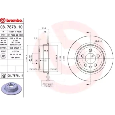 Abbildung von BREMBO COATED DISC LINE 08.7878.11 Bremsscheibe 280 10 5 voll beschichtet ROVER: 75 Tourer
