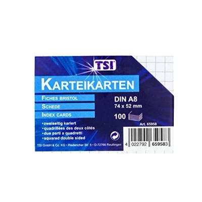 Abbildung von TSI 65958 Karteikarten DIN A8 (74 x 52 mm), 100er Packung, beidseitig kariert, Farbe weiß