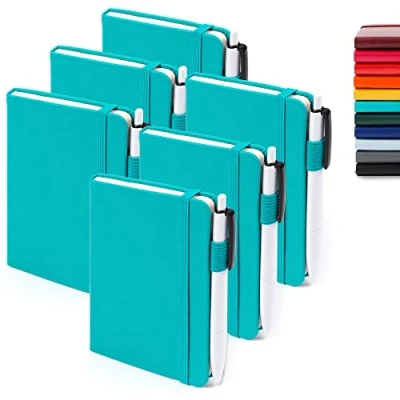 Abbildung von feela Notizbuch A6, 6 Stück Notizblock klein, Journale Buch Bulk mit Gelstiften schwarz, 112 Seiten, 80GSM, 9x14cm, Mini liniert geeignet für Büro, Schule, Notizheft PU Leder, smaragd