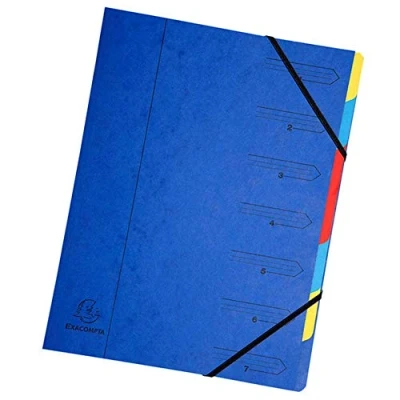 Abbildung von Exacompta 54072E Premium Ordnungsmappe geheftet. Aus extra starkem Colorspan Karton DIN A4 7 vollfarbige bunte Fächer und 2 Gummizüge mit Organisationsdruck Ringmappe Register Mappe blau