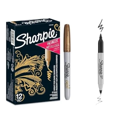 Abbildung von Sharpie Metallic Permanentmarker Gold Feine Spitze 12 Stück + 1 Doppelspitze Schwarz